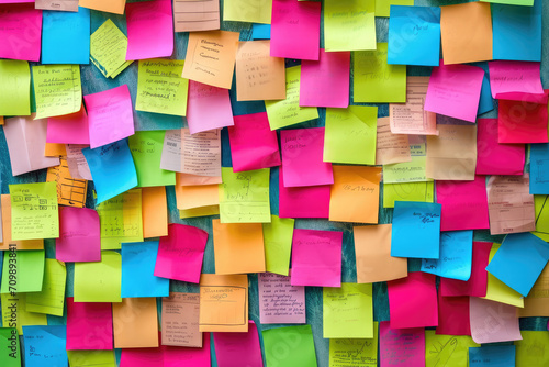 Many colorful, sticky notes, or adhesive notes on a wall or bulletin board