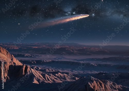 Comet passing over desert badlands  California  USA