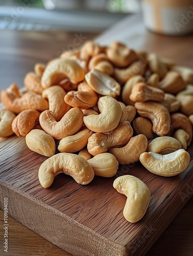 Close-up of cashew nuts on a wooden table