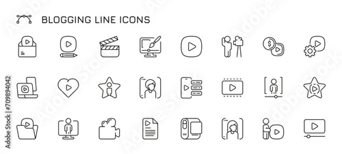 Video blogger line icons. Ifluencer social media subscription, message and comment in linear style, people acting and telling stories. Vector flat set. Editing video content, blogging concept