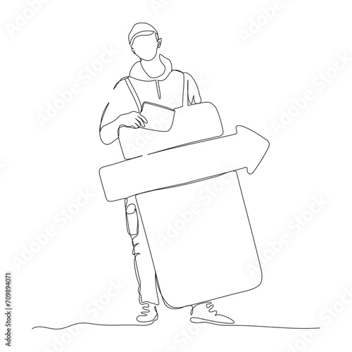 Man distributes advertising leaflets on street. Having advertising board attached to his clothes. Continuous line drawing. Black and white vector illustration in line art style.