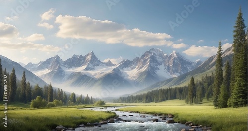 A serene mountain valley with a winding river, flanked by evergreen trees, and distant mountain peaks rising against the horizon - Generative AI © Huzaifa