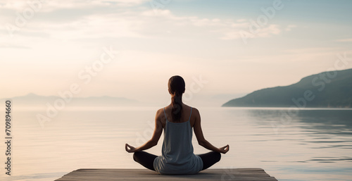 Woman practicing yoga by the sea, meditating outdoors. Meditation, healthy lifestyle, relaxation, yoga, self care, mindfulness concept 
