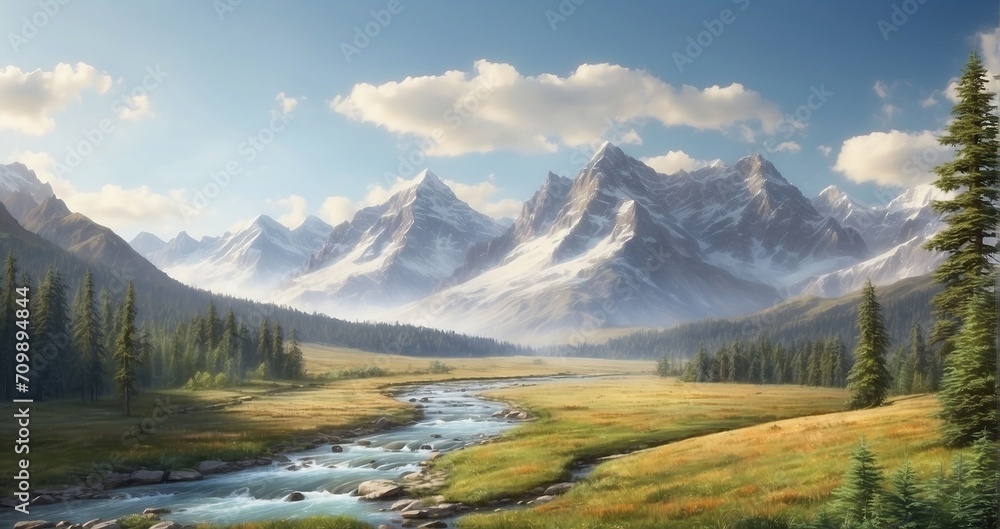A serene mountain valley with a winding river, flanked by evergreen trees, and distant mountain peaks rising against the horizon - Generative AI