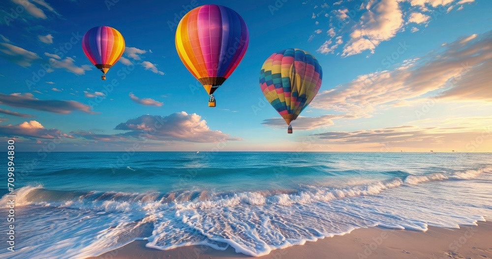 Hot air balloons over sea beach view Hot air balloons over sea beach view