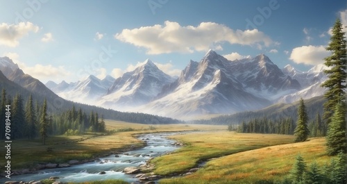A serene mountain valley with a winding river, flanked by evergreen trees, and distant mountain peaks rising against the horizon - Generative AI © Huzaifa