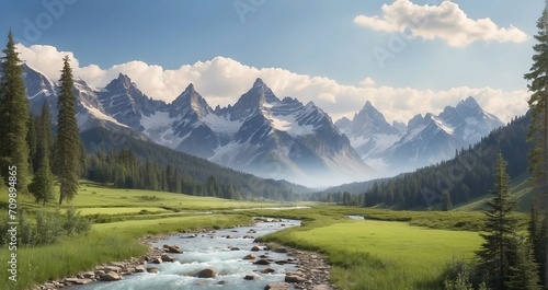 A serene mountain valley with a winding river, flanked by evergreen trees, and distant mountain peaks rising against the horizon - Generative AI photo