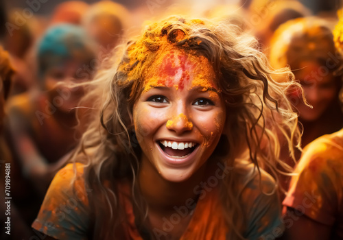 Happy people at the Holi Festival in India. Traditions and culture. AI generated © Alicina
