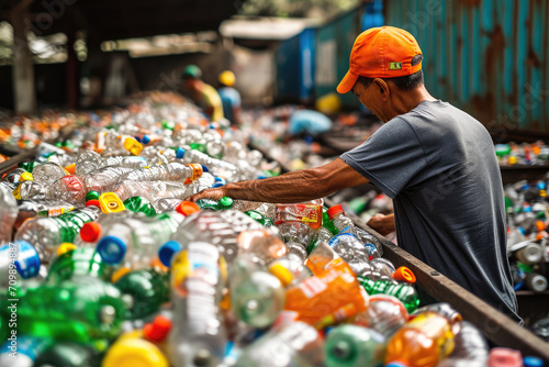 Fotografía de trabajadores de planta de reciclaje trabajando clasificando el plástico para ser reciclado