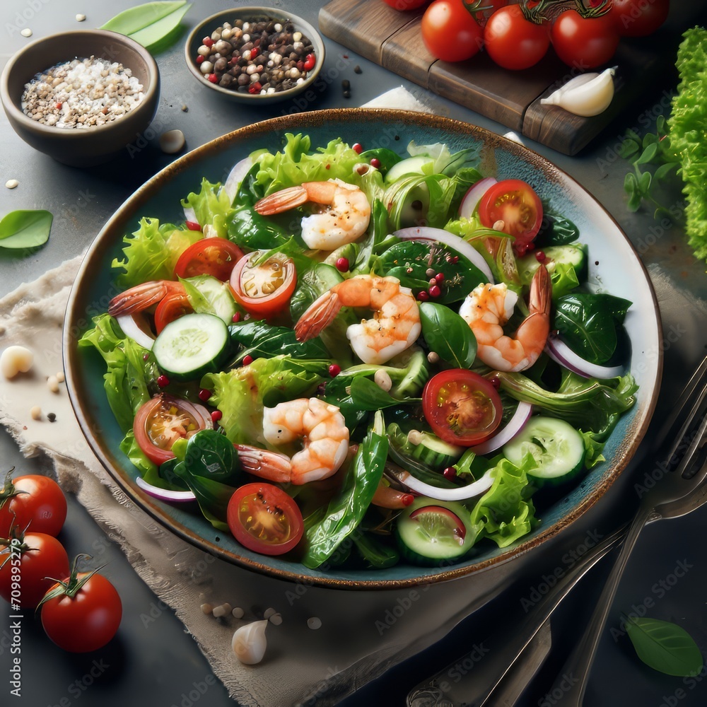 plates of salad with green leaves mixed and vegetables with shrimp plates of salad with green leaves mixed and vegetables with shrimp