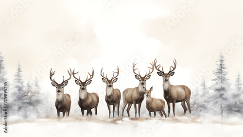 Mule Deer (Cervus elaphus) herd in winter forest. Digital painting. © Rama
