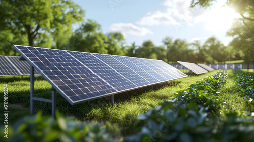 Solar farm under sunny blue sky. Green energy for sustainable.