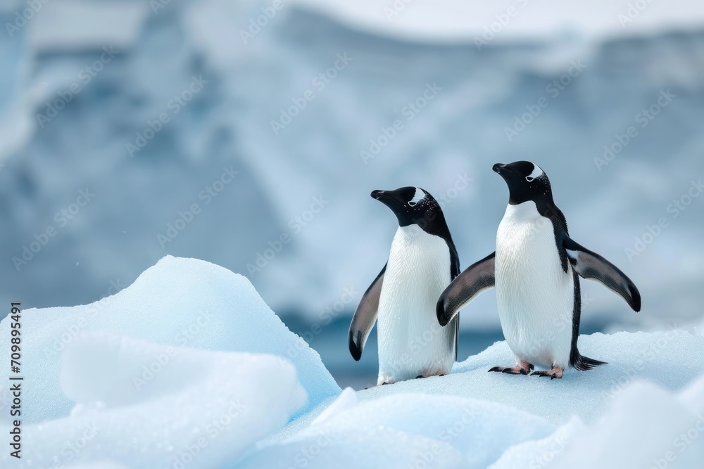 Fototapeta premium Adelie penguin (Pygoscelis adeliae) on iceberg. Graham Passage, Antarctic Peninsula, Antarctica.