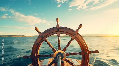 ship wheel on boat with sea and sky. freedom and adventure. direction concept