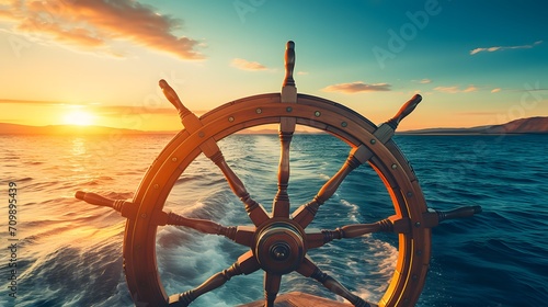 ship wheel on boat with sea and sky. freedom and adventure. direction concept photo