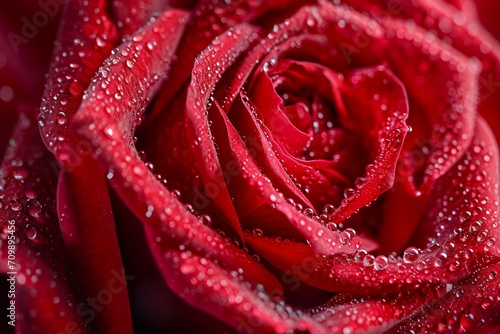 Close-up of a dew-kissed red rose the water droplets enhancing the natural beauty of the bloom capturing the delicate and romantic essence of a Valentine s Day morning