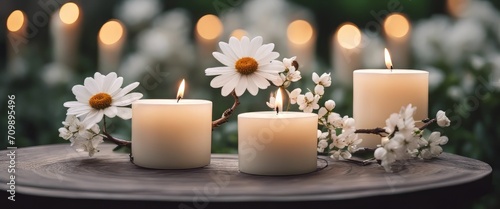 white flowering branch and 3 white candle lights outside in a garden, floral concept with burning candel