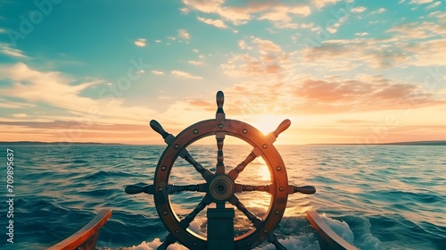 ship wheel on boat with sea and sky. freedom and adventure. direction concept photo