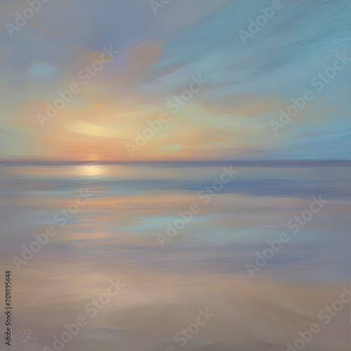 The beach at sunset. Pastel colors in impressionist style. Beach illustration. 