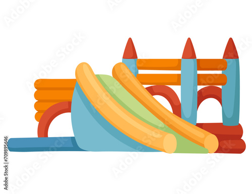 Bouncy inflatable castle with tower and slide vector illustration isolated on white background