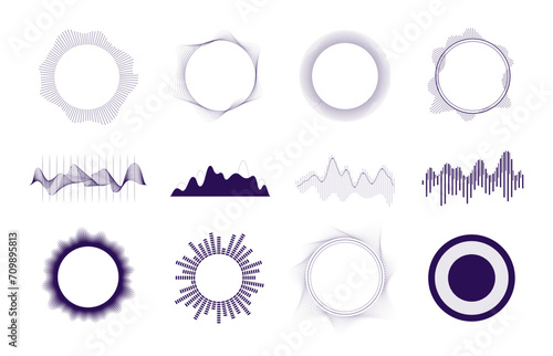 Wave diagram. Music rhythm and frequency waveforms, sound wave and vibration curve for tune recording monitoring. Vector set of frequency music sound illustration