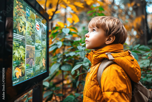 Fotografía de un niño leyendo un cartel educativo en un parque que destaca la importancia de cuidar el medio ambiente photo