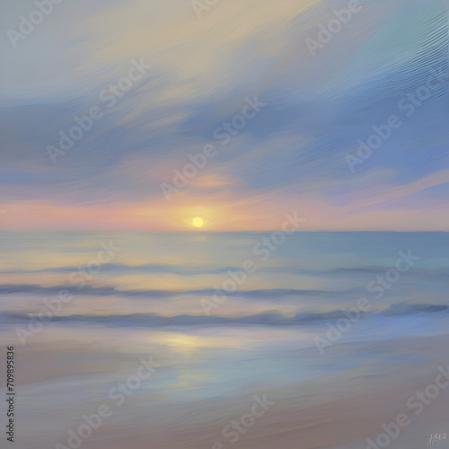 The beach at sunset. Pastel colors in impressionist style. Beach illustration.  © Pram