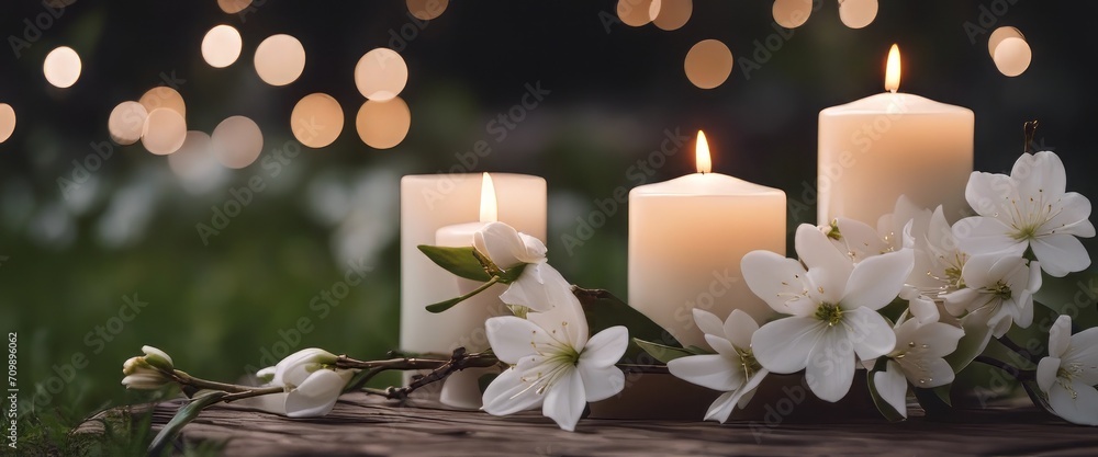 white flowering branch and 3 white candle lights outside in a garden, floral concept with burning candel white flowering branch and 3 white candle lights outside in a garden, floral concept with burning candel