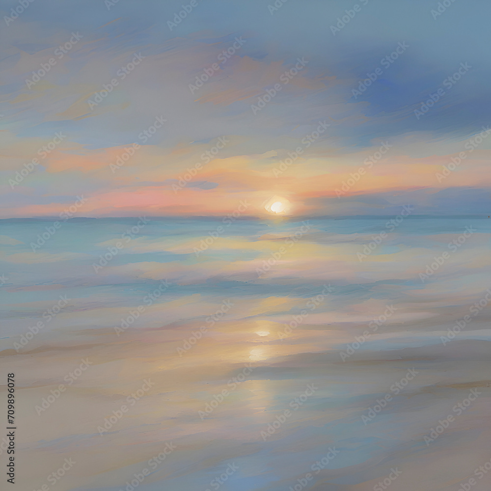 The beach at sunset. Pastel colors in impressionist style. Beach illustration. 