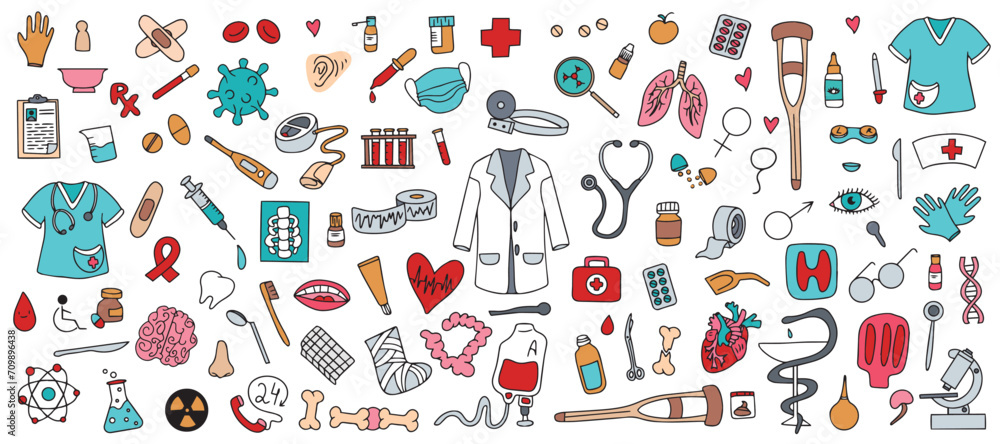 Hand drawn medical and medical drawings. Healthcare, pharmacy, medical icons collection. Vector 
