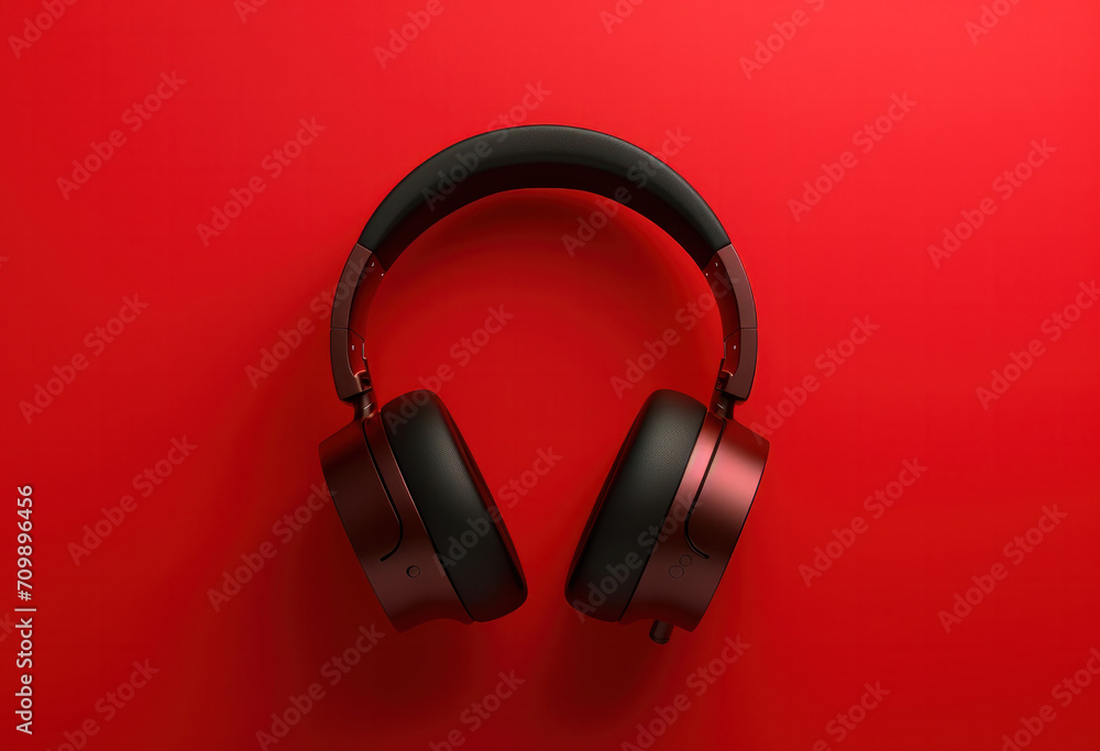 black headphones on a red background black headphones on a red background