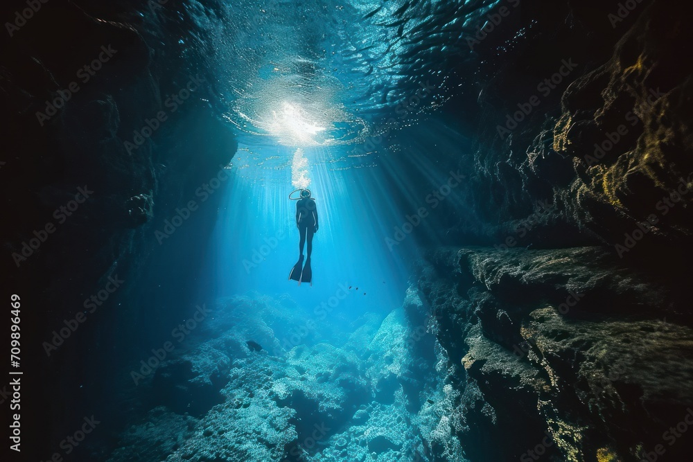 freediver ascending from a cave