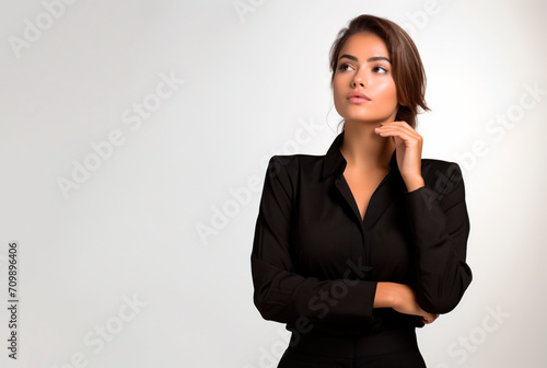 Latina business woman with a hand on chin, looking up at copy space with a thoughtful expression, in a black suit