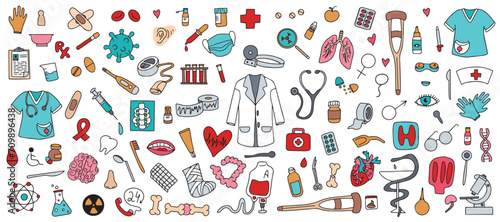 Hand drawn medical and medical drawings. Healthcare, pharmacy, medical icons collection. Vector 