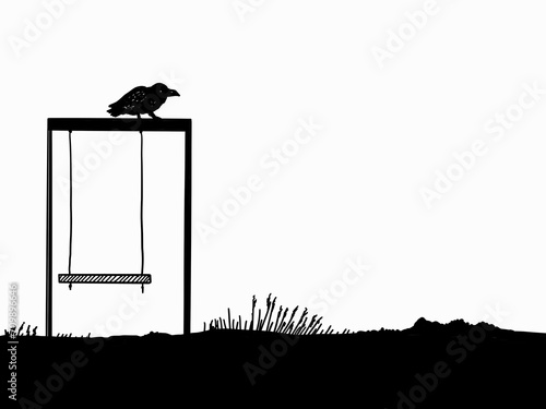 clever crow perched on a child's swing, black and white silhouette 