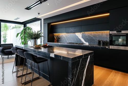 Luxury open plan black kitchen with calcutta marble benchtop photo