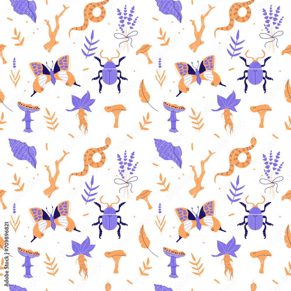 Seamless pattern with forest insects and plants Seamless pattern with forest insects and plants