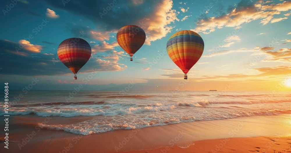 Hot air balloons over sea beach view Hot air balloons over sea beach view
