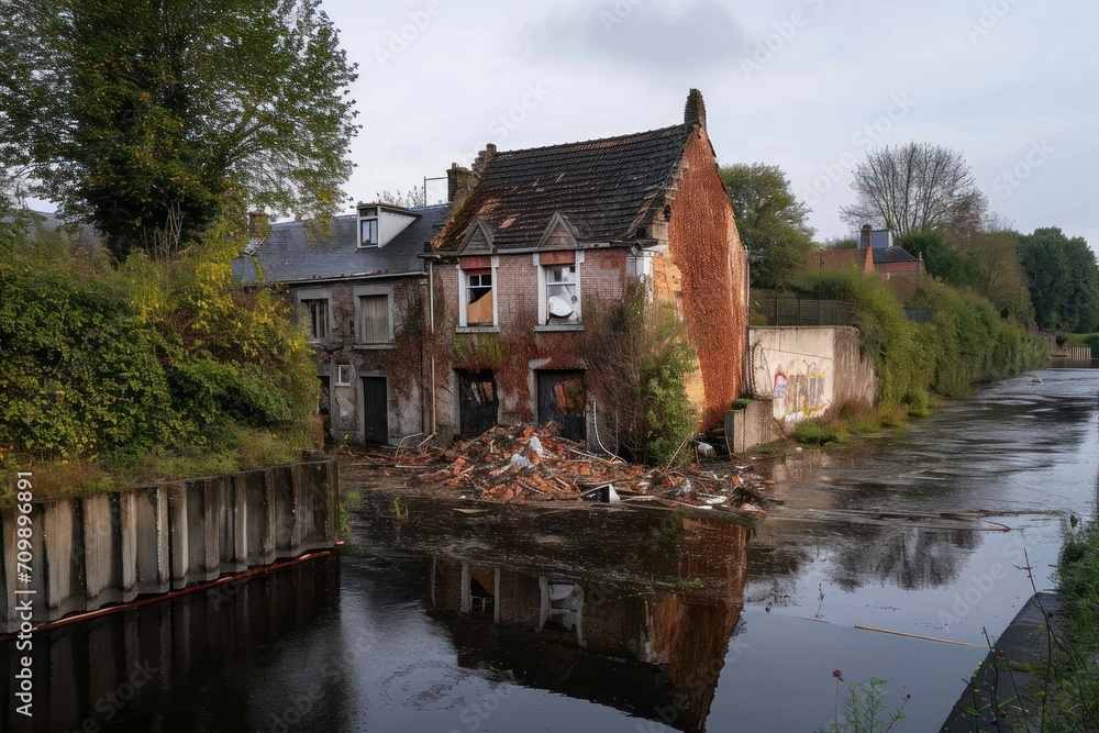 Obraz premium , Pepinster, House damaged by flood