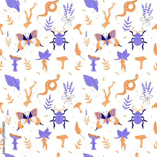 Seamless pattern with forest insects and plants