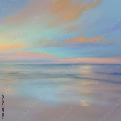 The beach at sunset. Pastel colors in impressionist style. Beach illustration. 