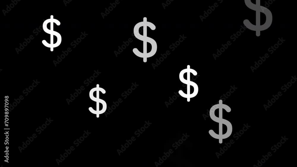 Loop animation of many dollar signs appearing and disappearing on black background