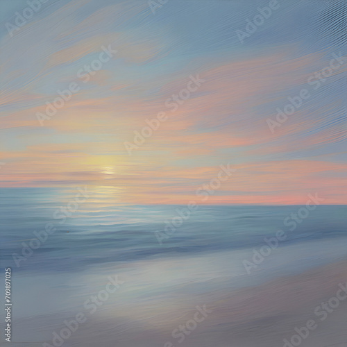 The beach at sunset. Pastel colors in impressionist style. Beach illustration. 