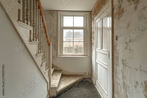 a stairway with a window and a white door