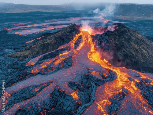 Aerial view of Litli-Hrutur (Little Ram) Volcano during an eruption on Fagradalsfjall volcanic area in southwest , it's a fissure eruption started on the Reykjanes Peninsula, .