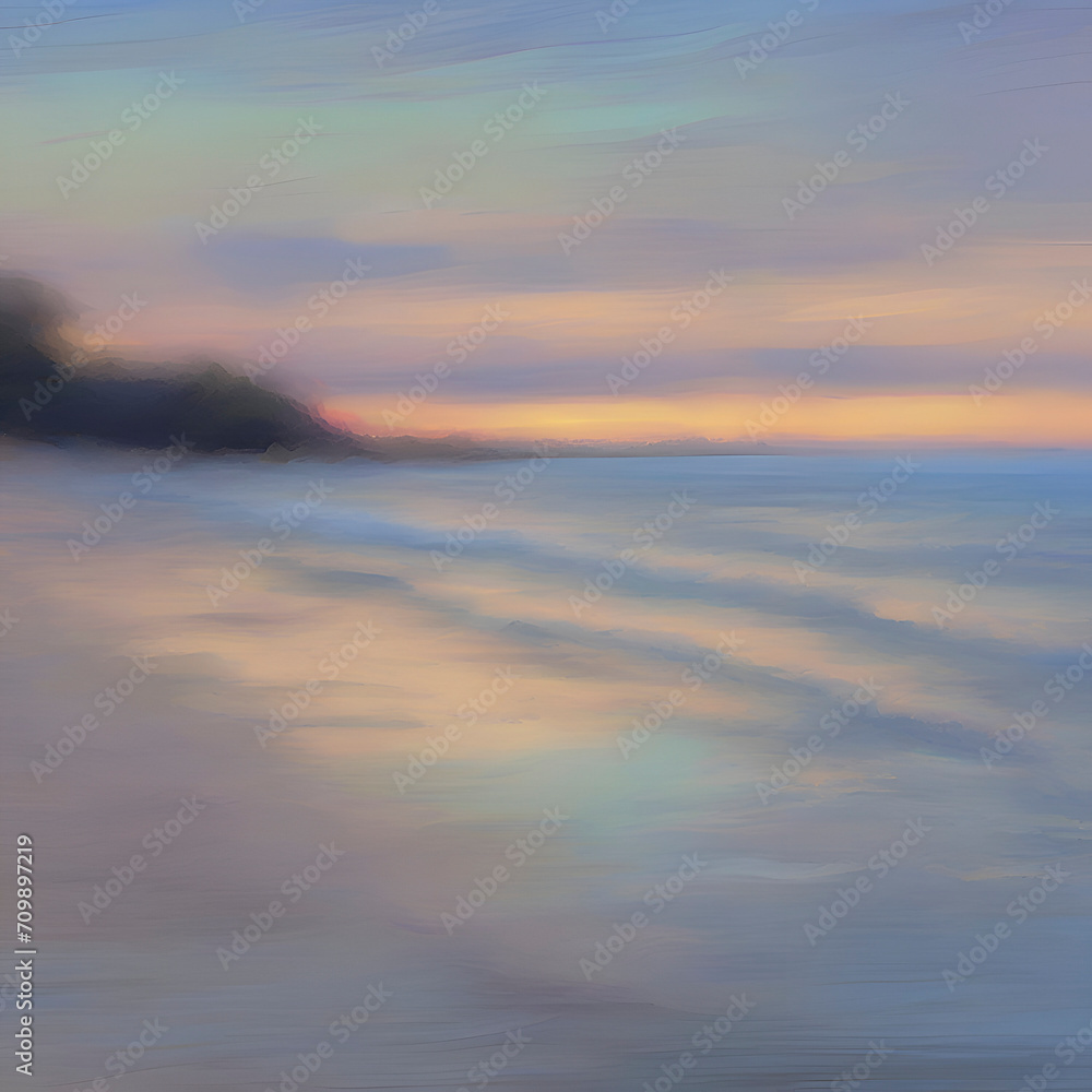 Obraz premium The beach at sunset. Pastel colors in impressionist style. Beach illustration. 