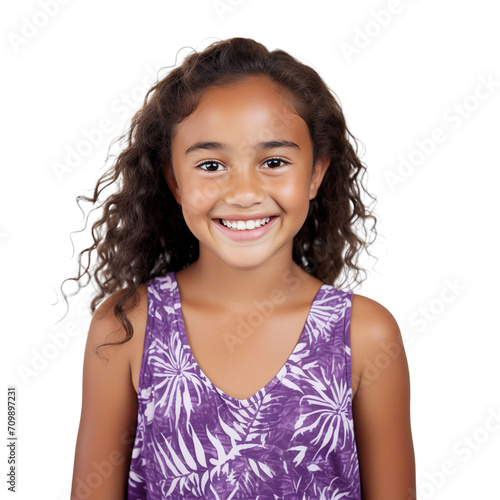Front view mid shot of a Polynesian 10-year-old girl wearing a cheerful lilac sundress, smiling on a white background