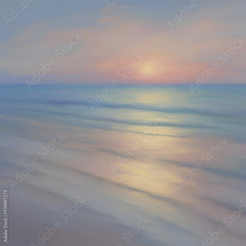 The beach at sunset. Pastel colors in impressionist style. Beach illustration. 