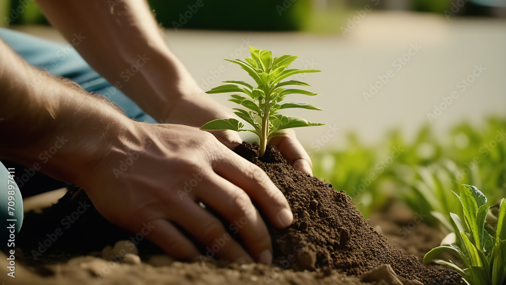 Fototapeta premium a man plants a green sprout in the ground, male hands, new harvest