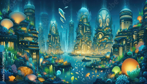 Bioluminescent Undersea Metropolis: Art Nouveau and Futuristic Oceanic City